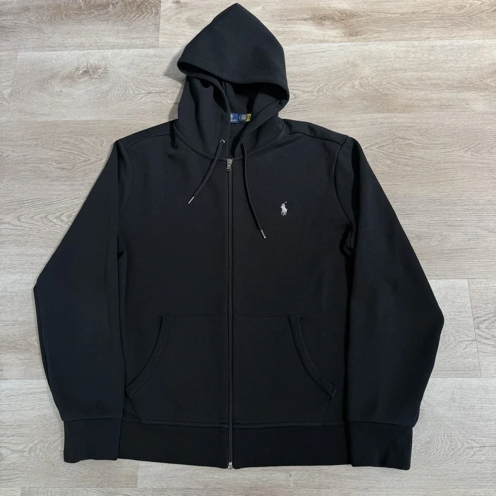 Polo Ralph Lauren Hoodie Men L Black Double Knit Full Zip Lightweight